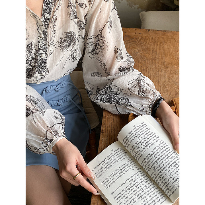 Damen Bluse mit floralem Muster und Knopfdetails Drune