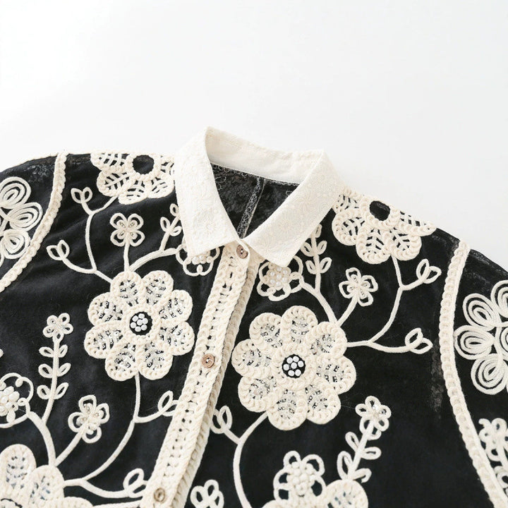 Damen Bestickte Häkeljacke mit Blumenapplikationen und Hemdkragen Drune