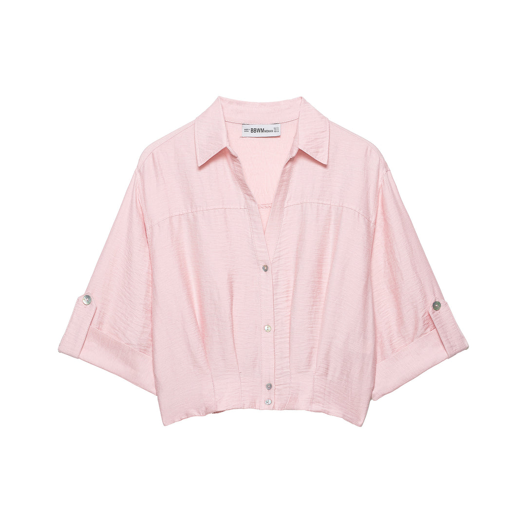 Damen Oversize Leichte Hemdbluse mit Umschlagärmeln und V-Ausschnitt Drune