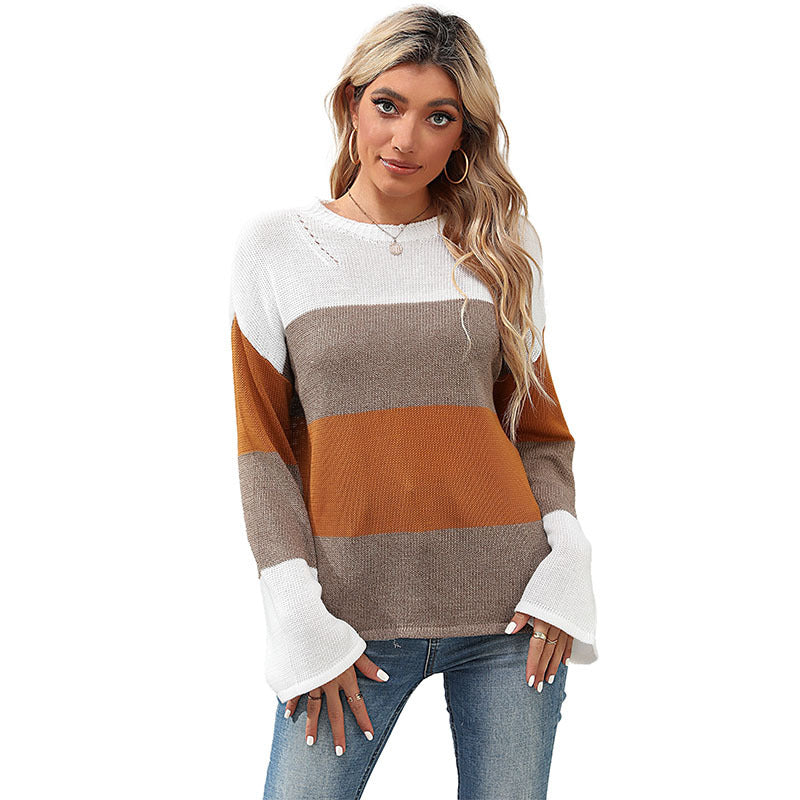 Damen Oversize Farbblock Strickpullover mit Rundhalsausschnitt und langen Ärmeln Drune