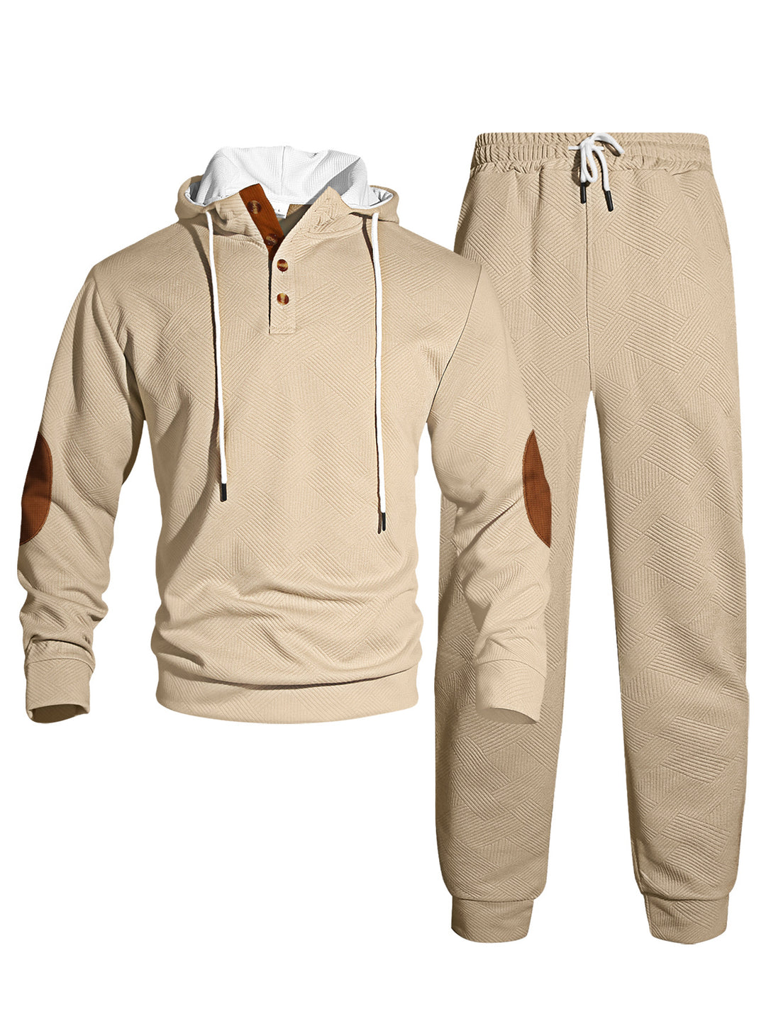 Herren nan Waffelstruktur Henley-Kapuzen-Set mit Holzknopfleiste Ellbogen-Patches und konischer Jogginghose Drune