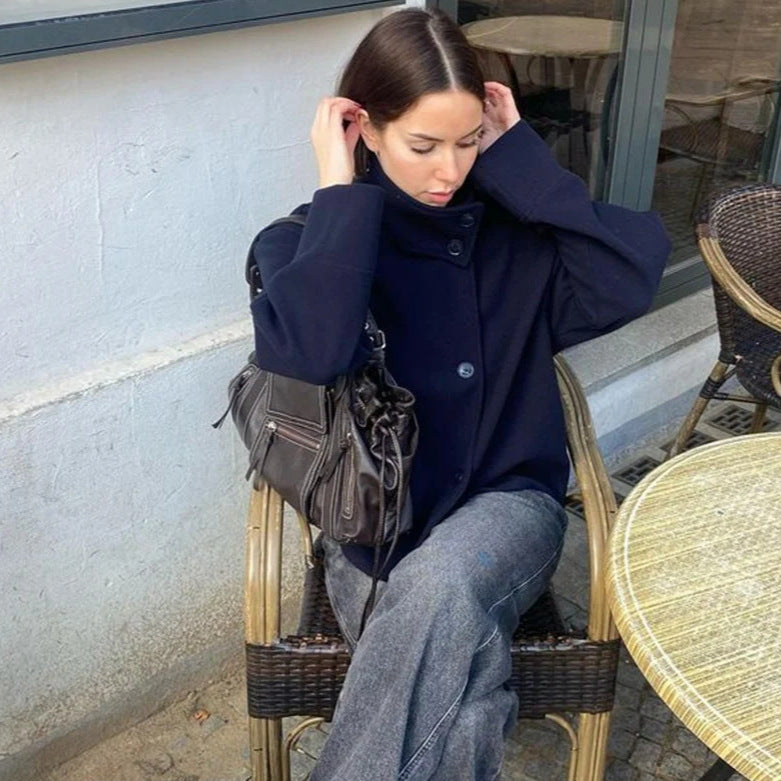 Damen modische Kurzjacke mit hohem Kragen und Knopfverschluss Drune
