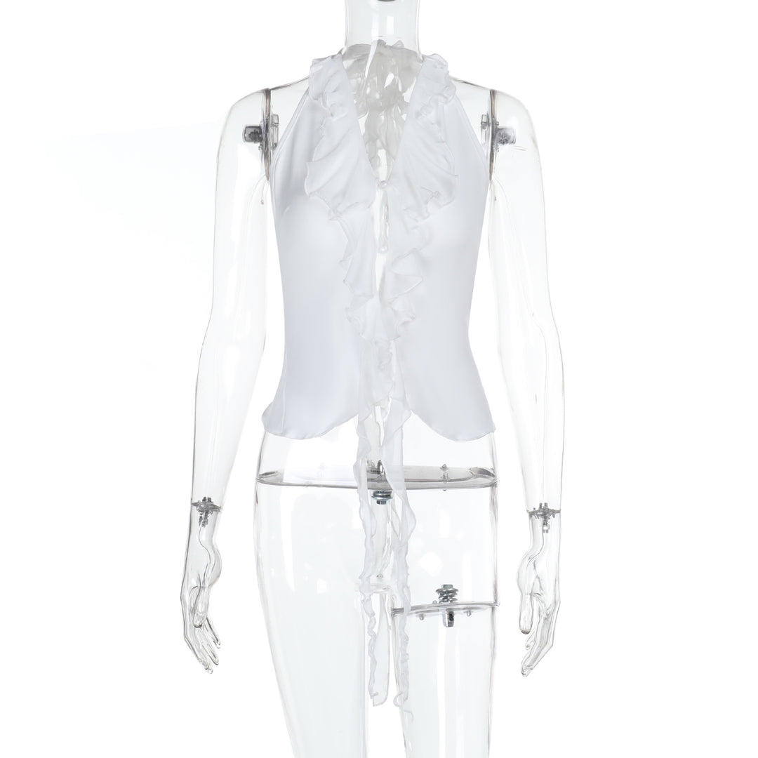 Damen elegantes Rüschenoberteil mit tiefem V-Ausschnitt und feinem Satin Drune