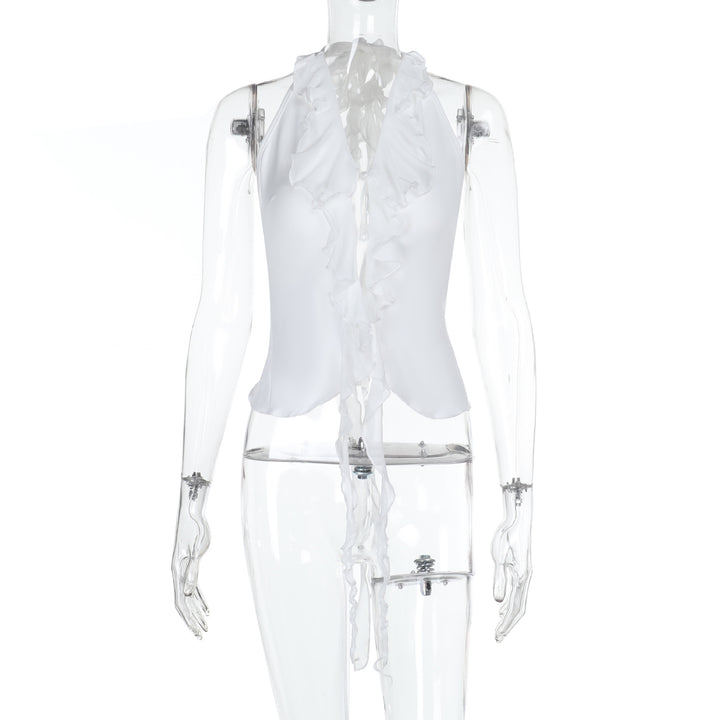 Damen elegantes Rüschenoberteil mit tiefem V-Ausschnitt und feinem Satin Drune