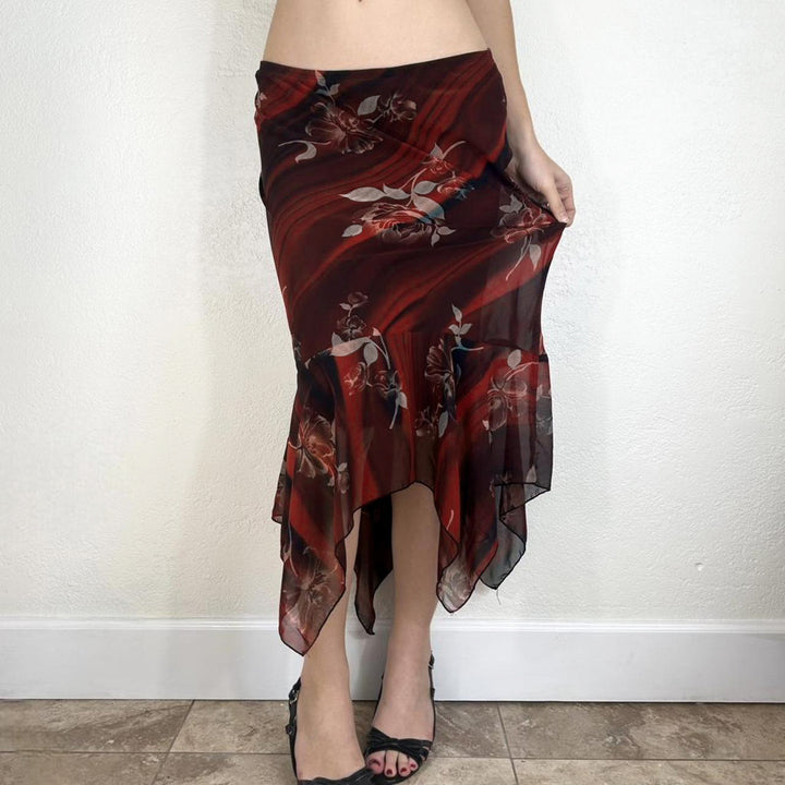 Damen Asymmetrischer Mesh-Midirock mit Volantstufen und floralem Muster Drune