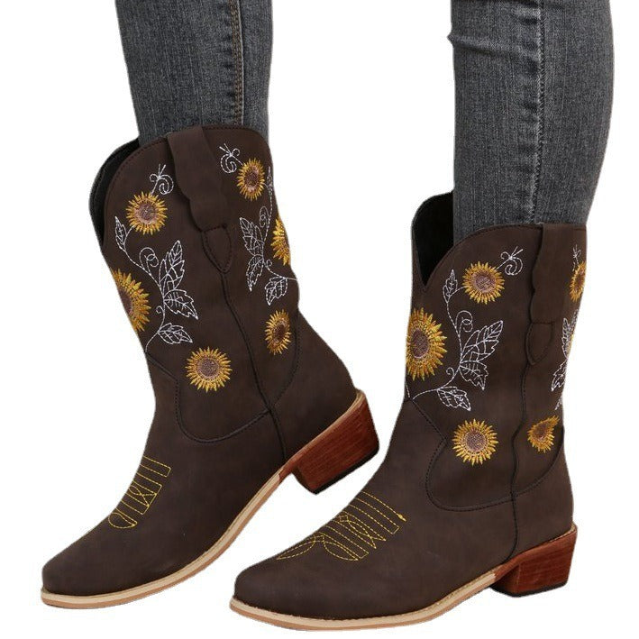 Damen Cowboy-Stiefel mit floralem Stickdesign und robustem Blockabsatz Drune