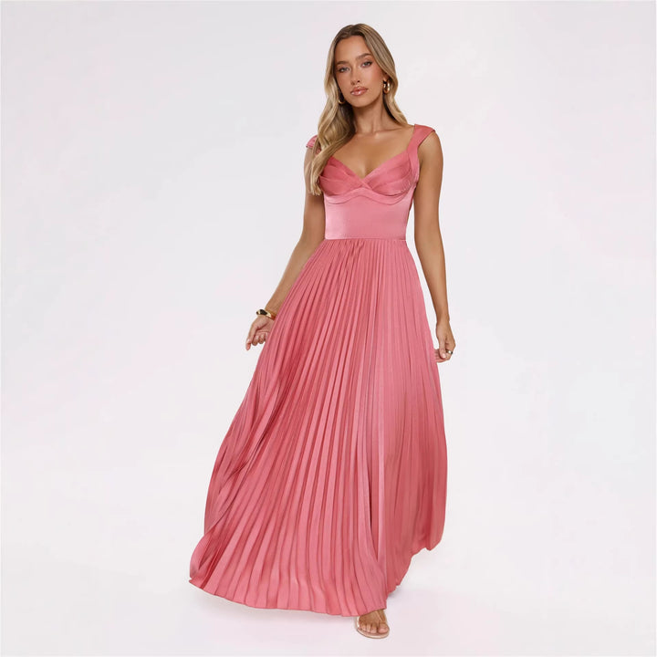 Damen Plissiertes Maxikleid mit vorteilhaftem V-Ausschnitt und femininem Design Drune