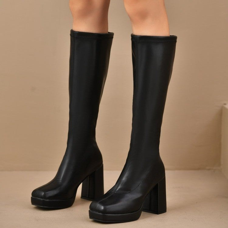 Damen Plateau-Kniestiefel mit klobigem Blockabsatz und Stretchschaft Drune