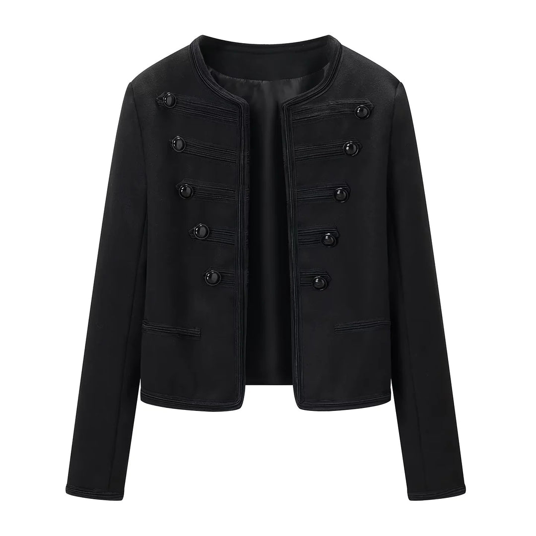 Damen nan kurz geschnittene Militärblusejacke mit Rundhalsausschnitt, dekorativen Kordelbesätzen und glänzenden Kugelknöpfen Drune