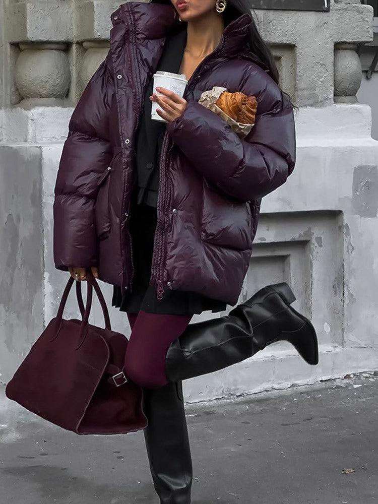 Damen Oversized Daunenjacke mit sichtbarem Steppdesign und hohem Kragen Drune