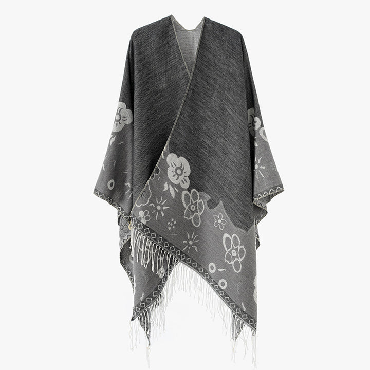 Damen Überwurfponcho im Kimono‑Stil aus Jacquardstrick mit floralem Bordürenmotiv und Fransensaum Drune