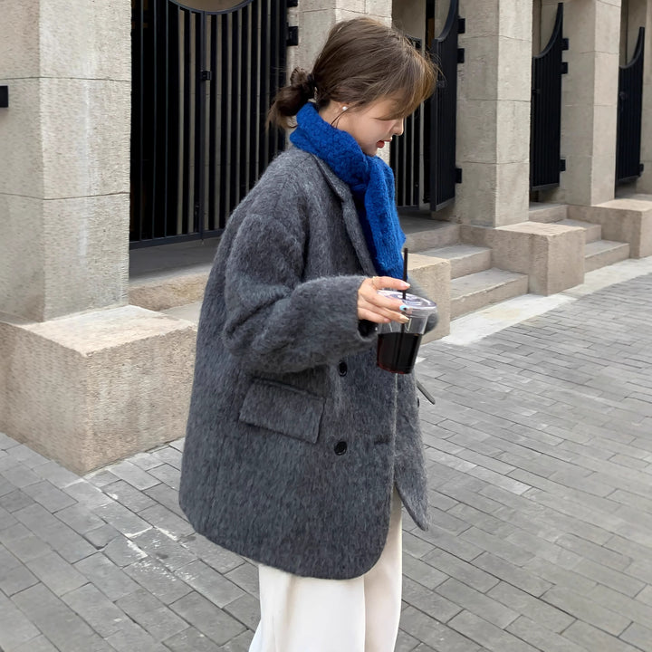 Damen Grobgestrickter Wollmix-Longmantel mit Oversize‑Silhouette und doppelreihiger Knopfleiste Drune