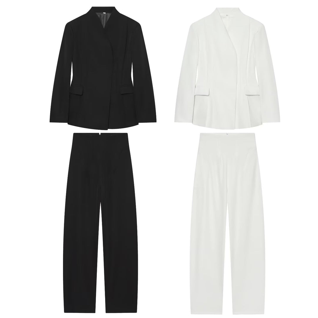 Damen Elegantes zweiteiliges Anzugset mit kastenlosem Blazer und High‑Waist Weitbein‑Hose Drune
