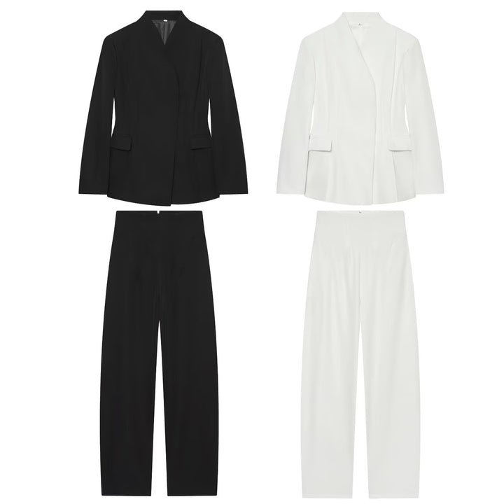 Damen Elegantes zweiteiliges Anzugset mit kastenlosem Blazer und High‑Waist Weitbein‑Hose Drune