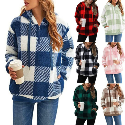 Damen kuschelige Karo-Hoodiejacke mit Reißverschluss und Kängurutasche Drune