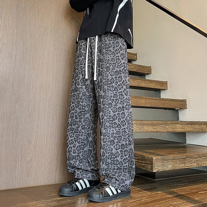 Herren Weit geschnittene Leoprint-Hose aus leichtem Viskose-Mix mit Kordelzug Drune