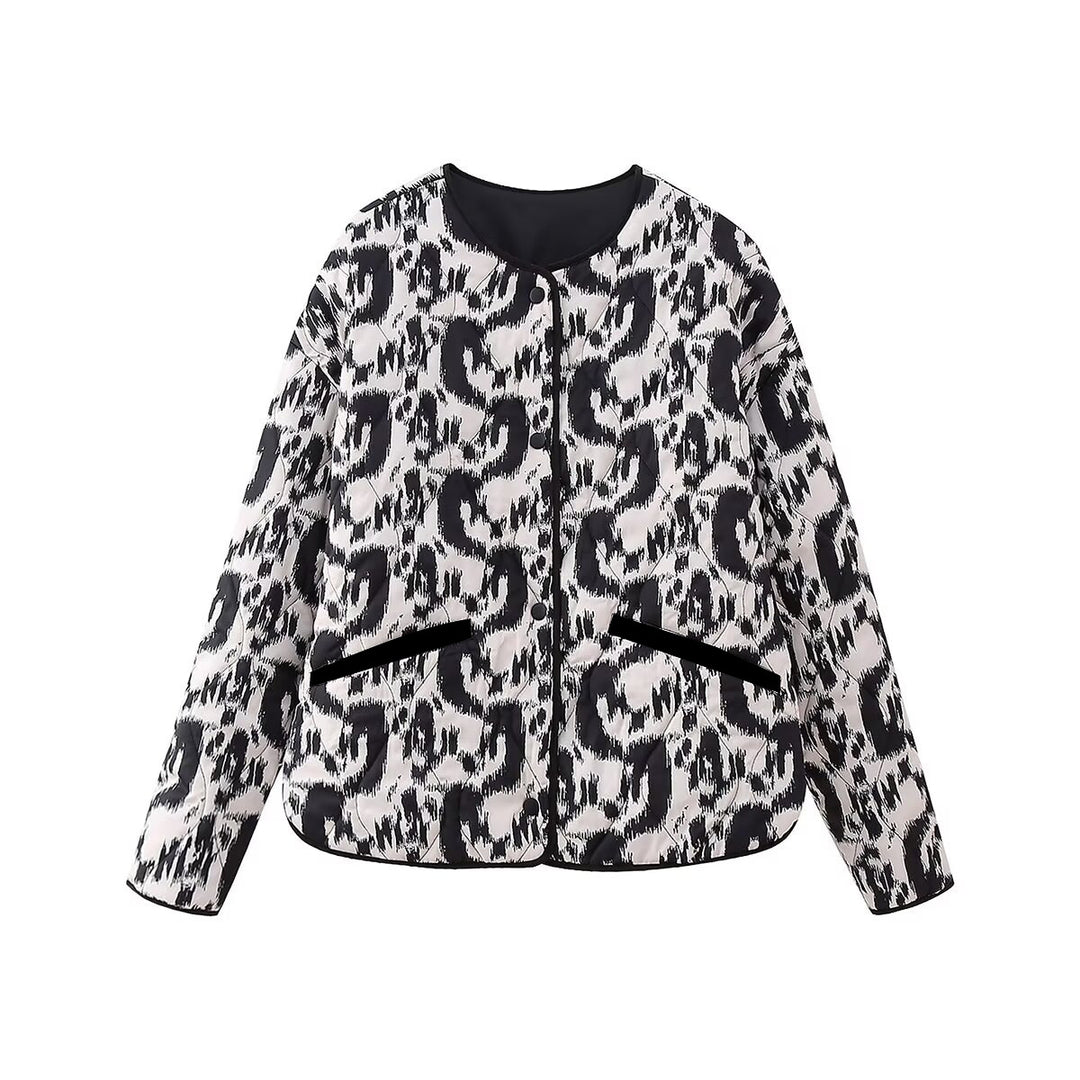 Damen nan gesteppte Leo-Print Steppjacke mit Rundhalsausschnitt, Druckknopfverschluss und aufgesetzten Taschen Drune