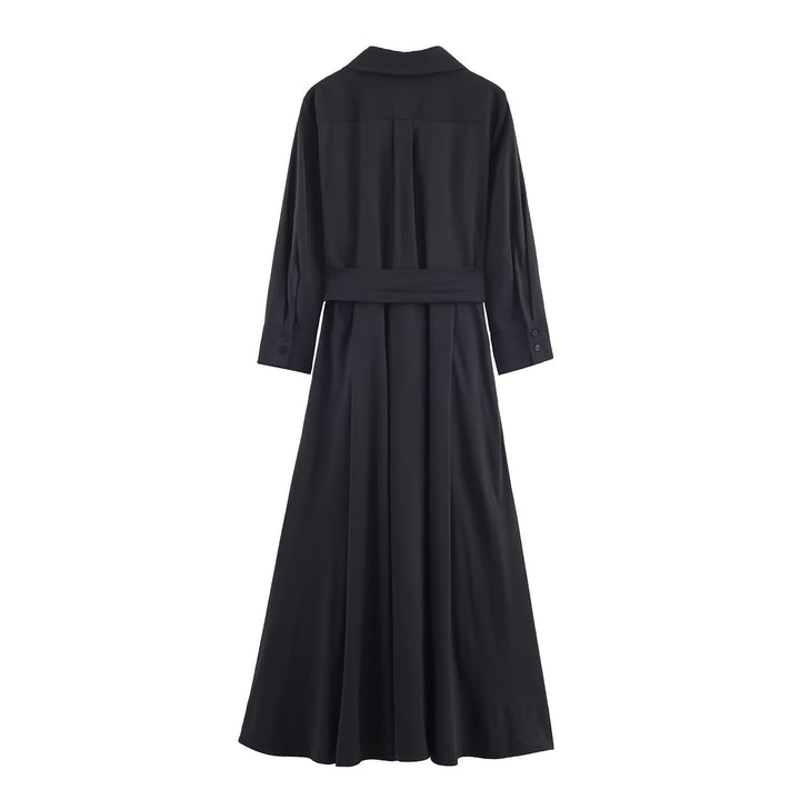 Damen Maxikleid im Hemdblusenstil mit Bindegürtel und schwingendem A‑Linienrock Drune