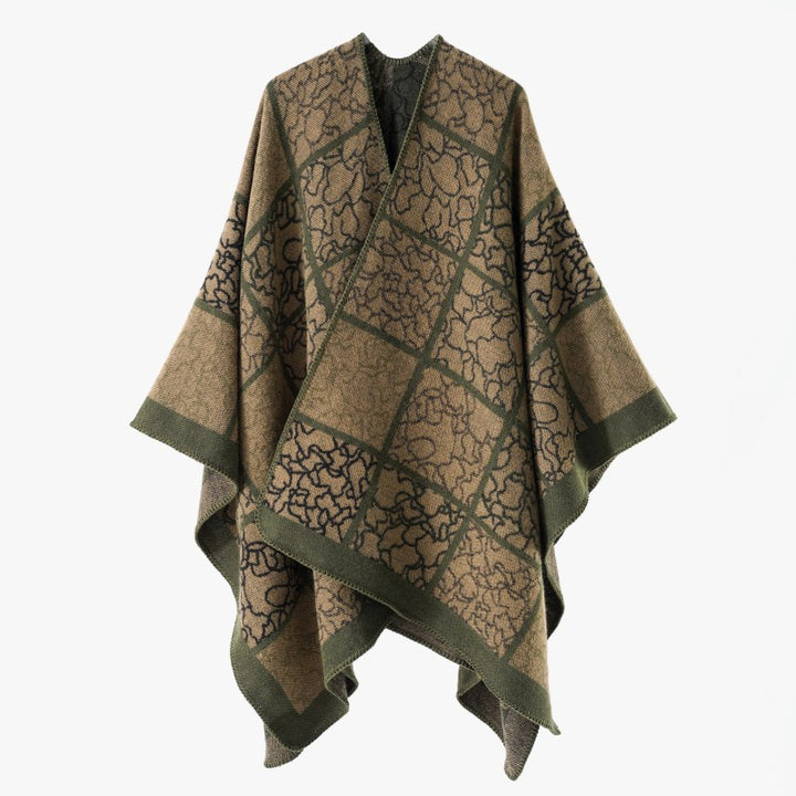Damen Cape‑Überwurf aus Wollmix mit grafischem Karo‑Jacquard und offener Kimono‑Silhouette Drune