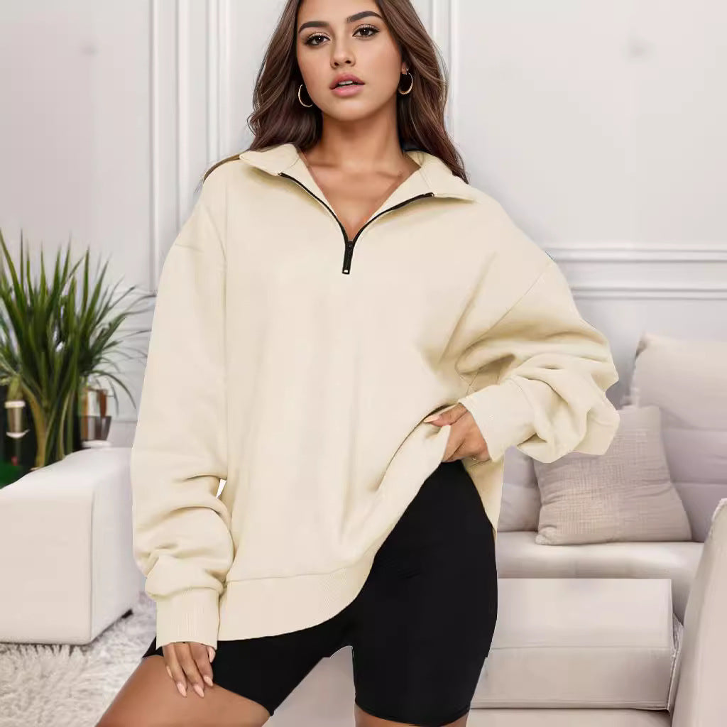 Damen nan übergroßes Sweatshirt mit Halbreißverschluss und Stehkragen Drune