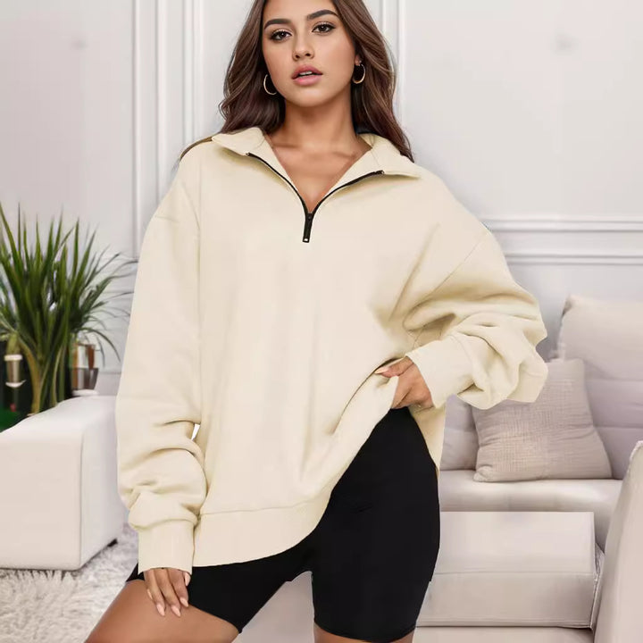 Damen nan übergroßes Sweatshirt mit Halbreißverschluss und Stehkragen Drune