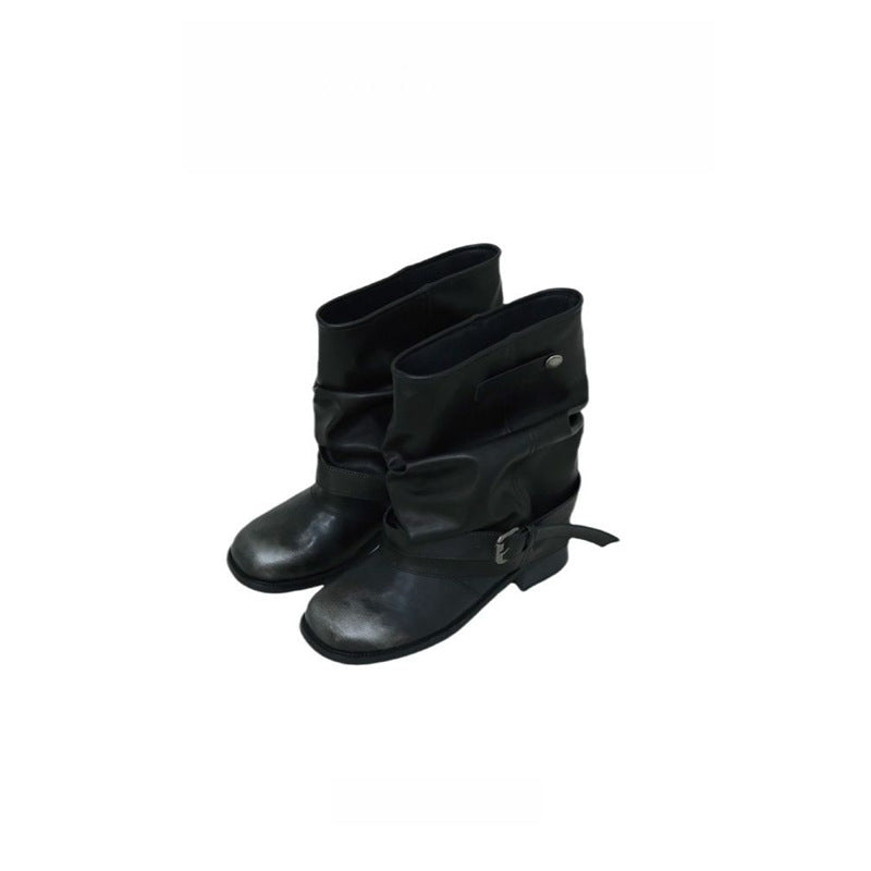 Damen Biker-Stiefel mit lässig geschlagenem Schaft, Schnallenriemen und niedrigem Blockabsatz Drune