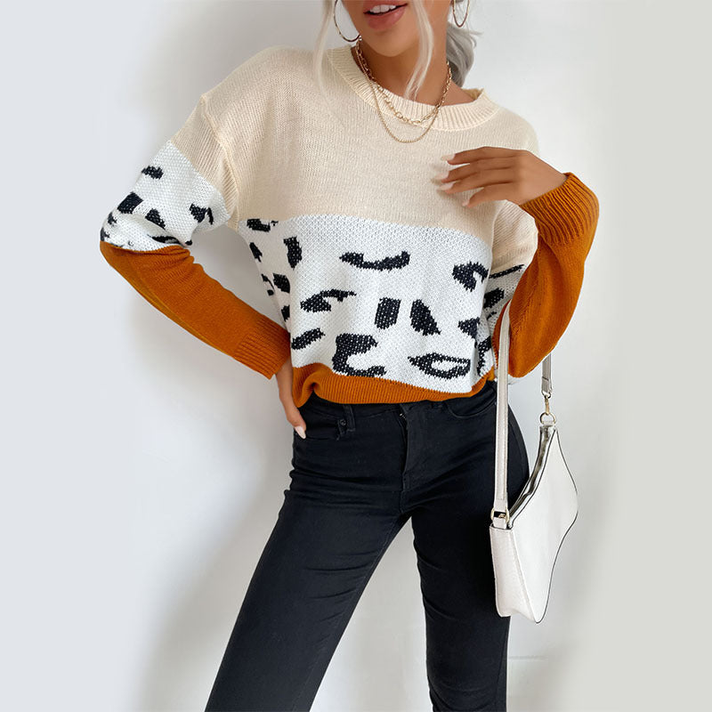 Damen Colorblock Strickpullover mit Leopardenmuster, Rundhals und lässiger Passform Drune