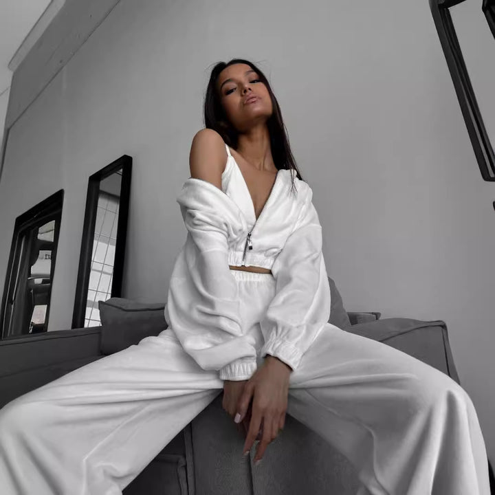 Damen Velours-Lounge-Set mit kurzem Reißverschluss-Hoodie, elastischer High-Waist-Jogginghose und Bustier Drune