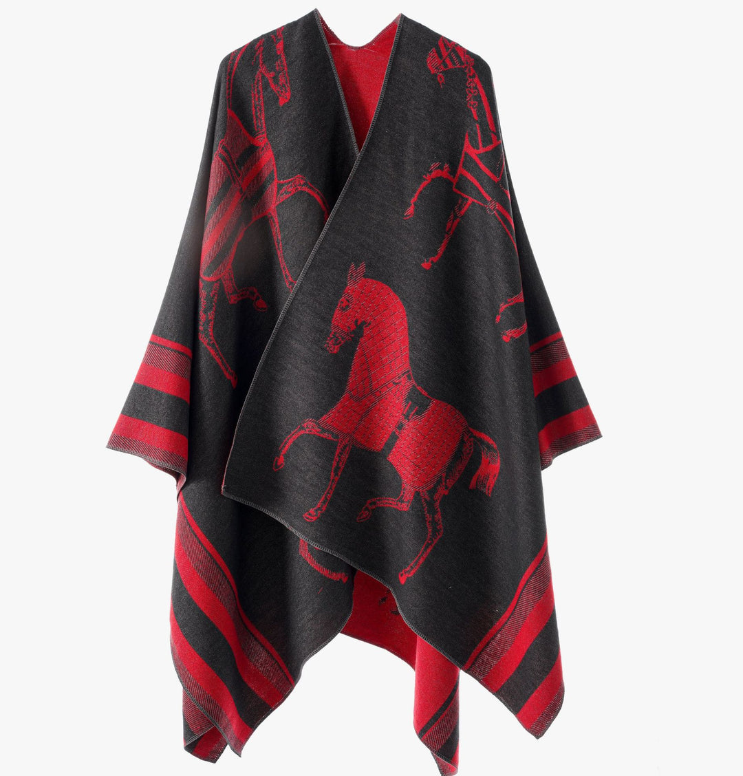 Damen Jacquard-Poncho-Überwurf mit Pferde-Motiv und kastiger Kimono-Silhouette Drune