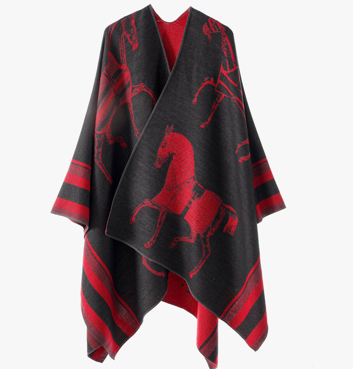 Damen Jacquard-Poncho-Überwurf mit Pferde-Motiv und kastiger Kimono-Silhouette Drune