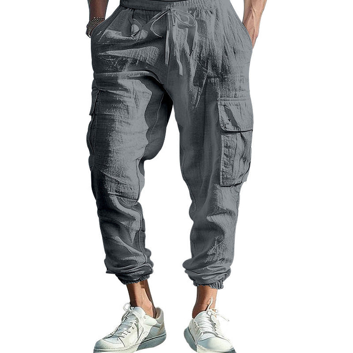Herren nan lässige Leinen-Cargo-Jogger mit Kordelbund, großen Klapptaschen und elastischem Knöchelabschluss Drune