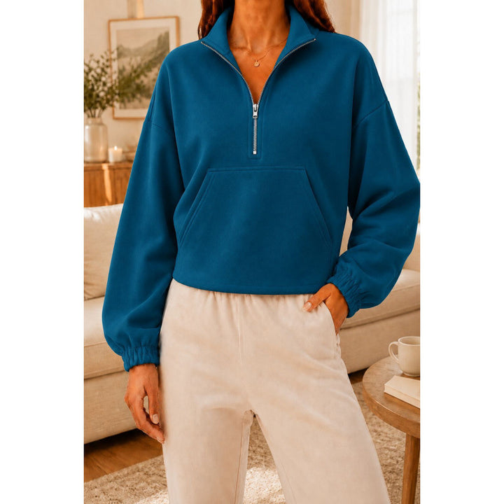 Damen Kurz geschnittener Sweatshirt-Pullover mit halbem Reißverschluss und Kängurutasche Drune