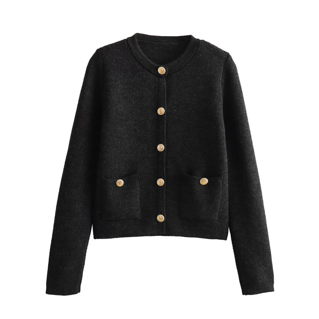 Damen Kurzgeschnittener Bouclé-Cardigan mit Rundhals, Pattentaschen und Münzknöpfen Drune