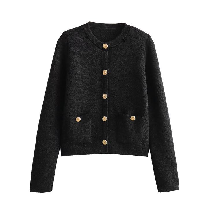 Damen Kurzgeschnittener Bouclé-Cardigan mit Rundhals, Pattentaschen und Münzknöpfen Drune