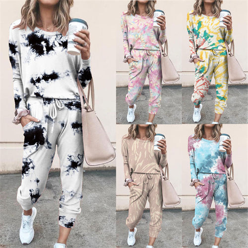 Damen Lässiger Tie-Dye Lounge-Jumpsuit mit Kordelzug und Eingrifftaschen Drune