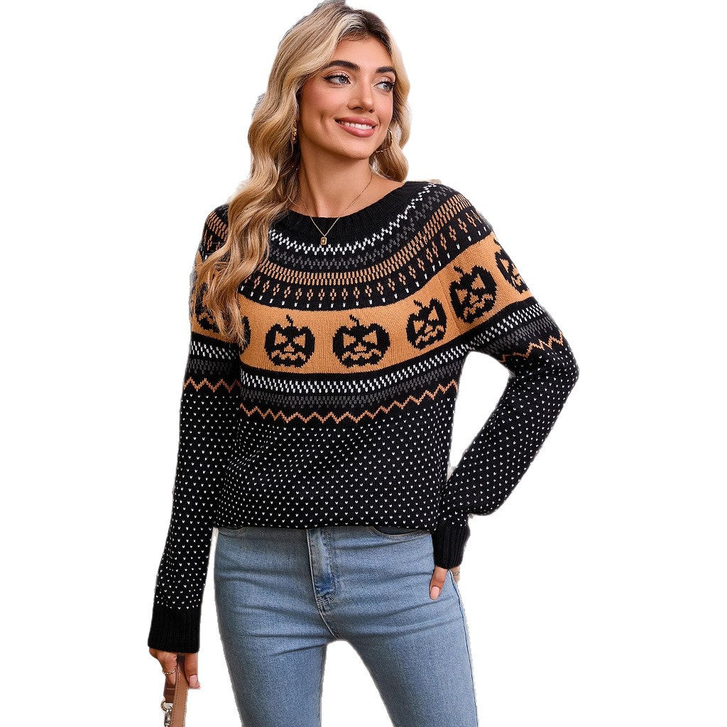 Damen Strickpullover mit Halloween-Motiv und Feinstrickstruktur Drune