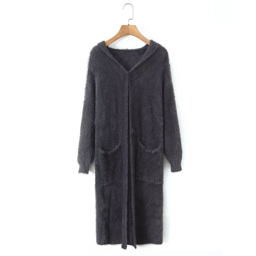 Damen Langer flauschiger Kapuzencardigan mit aufgesetzten Eingrifftaschen und offener Front Drune