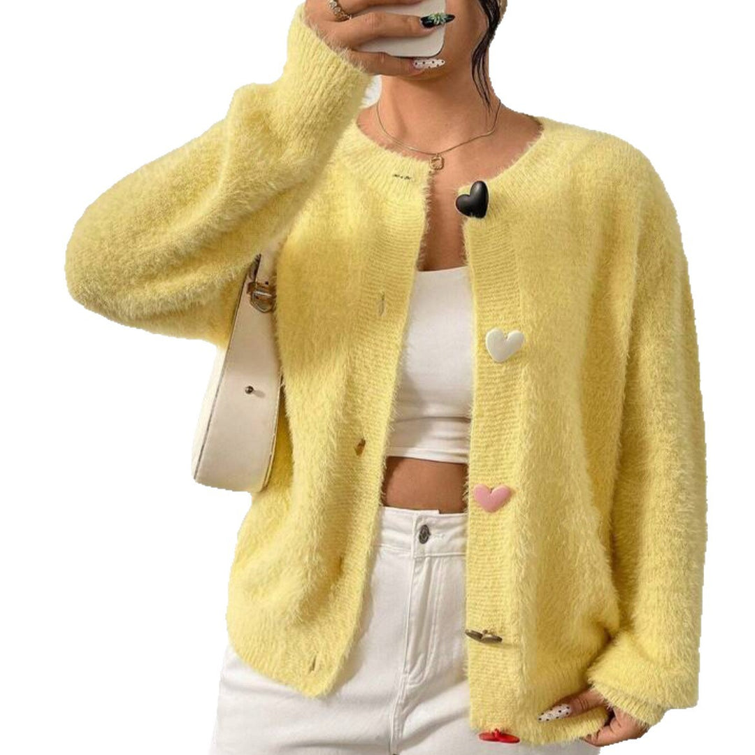 Damen Kuscheliger Flausch-Cardigan mit bunten Herzknöpfen und kastiger Silhouette Drune