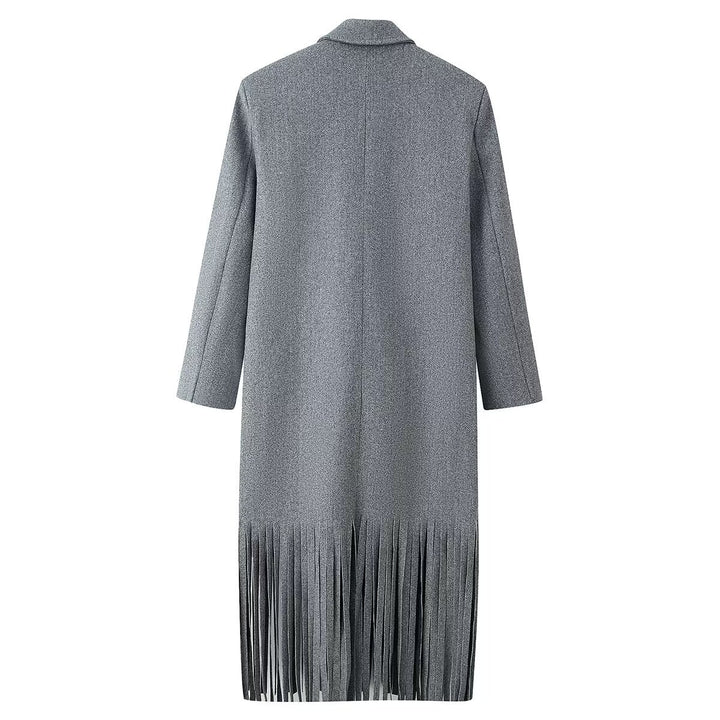 Damen Doppelreihiger Wollmix-Mantel mit Fransensaum und fallendem Revers Drune