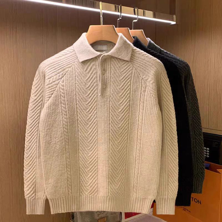 Herren Feinstrick-Polopullover mit halber Knopfleiste und Zopfmuster Drune