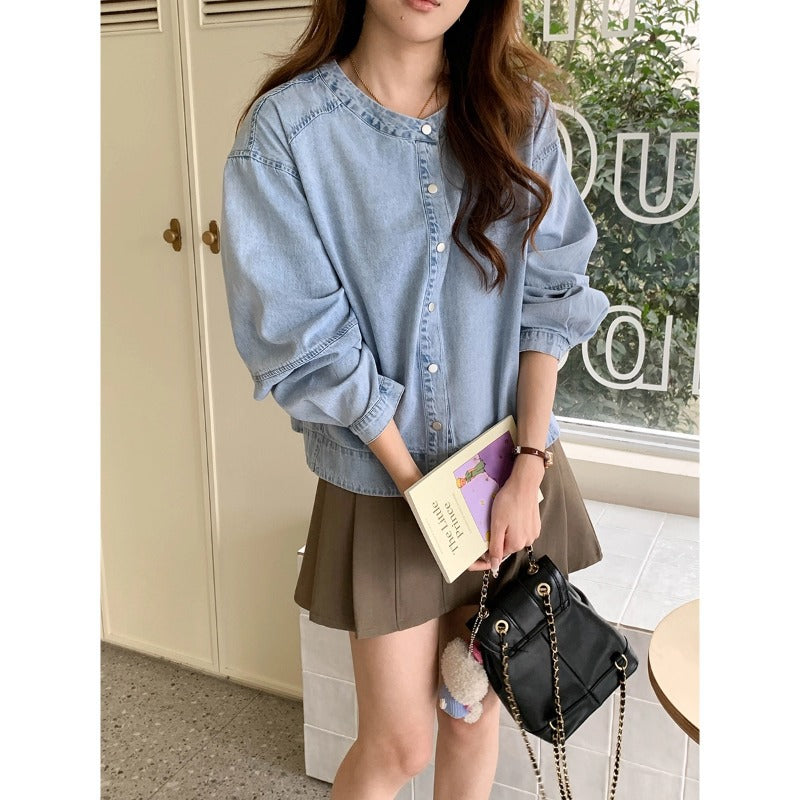 Damen modische Denim-Bluse mit puffärmeln Drune
