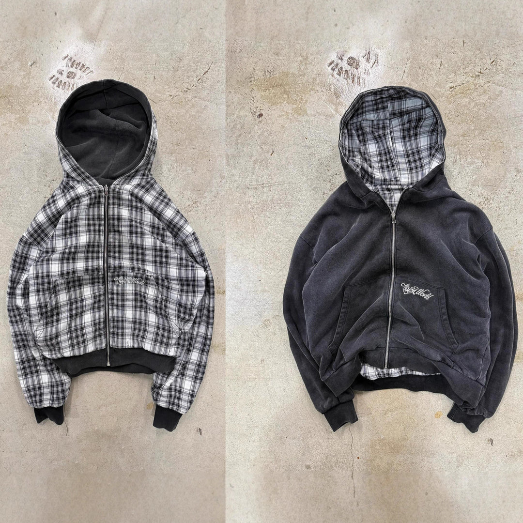 Unisex nan wendbare Kapuzenjacke mit kariertem Innenfutter, durchgehendem Reißverschluss und Kängurutasche Drune