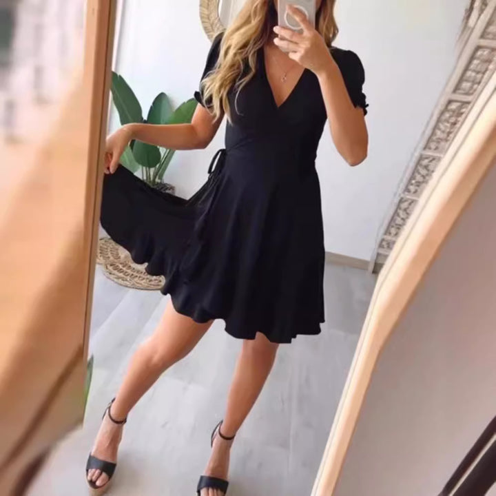 Damen nan leichtes Wickelkleid mit V-Ausschnitt, Kurzärmeln, Taillenband und Volantrock Drune