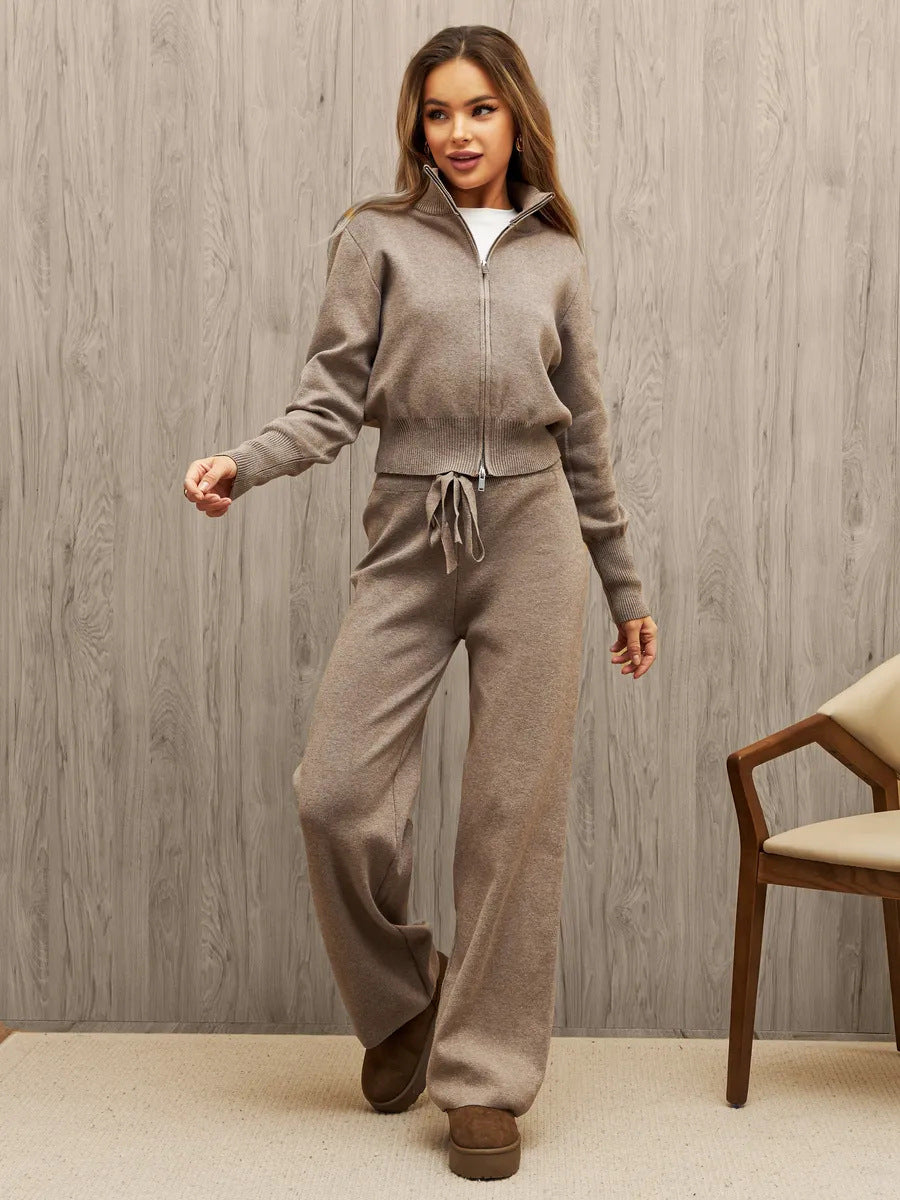 Damen nan gestricktes Loungewear-Zweiteiler mit kurzem Reißverschluss-Cardigan und weitem Highwaist-Hosenbein Drune