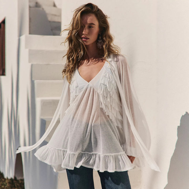 Damen Elegantes Rüschen-Blusenkleid mit tiefem V-Ausschnitt und fließendem Stoff Drune