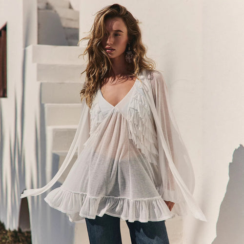 Damen Elegantes Rüschen-Blusenkleid mit tiefem V-Ausschnitt und fließendem Stoff Drune