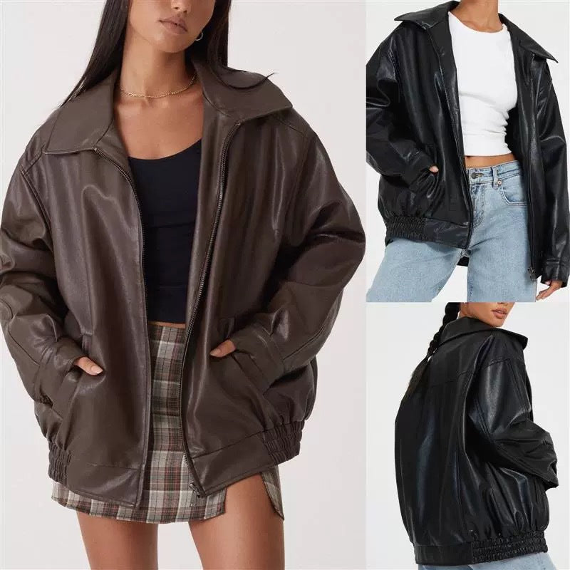 Damen Oversize Kunstleder Blouson mit Reißverschluss und elastischem Saum Drune