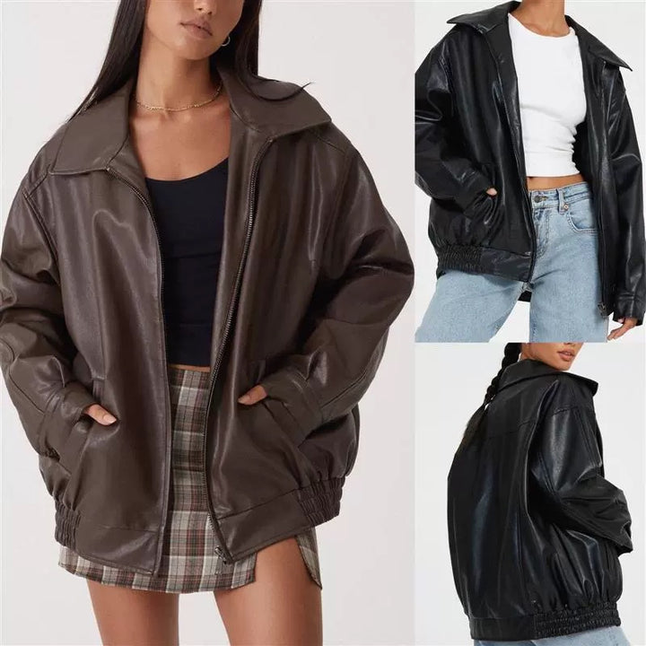 Damen Oversize Kunstleder Blouson mit Reißverschluss und elastischem Saum Drune