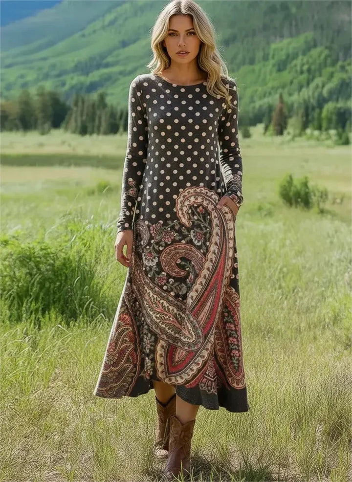 Damen Maxikleid mit Paisley‑ und Polka‑Dot‑Print, langärmeliges A‑Linien‑Jerseykleid Drune
