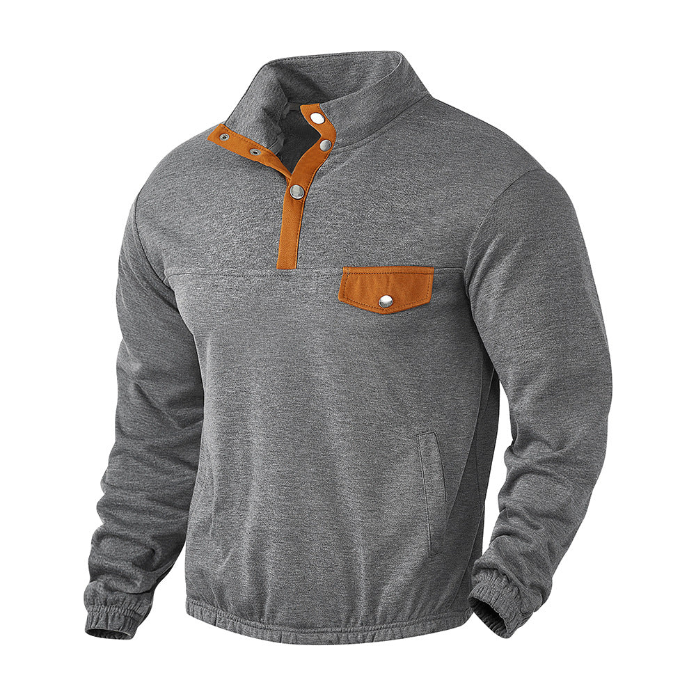 Herren nan Stehkragen-Henley-Sweatshirt mit Druckknopfleiste und aufgesetzter Brusttasche Drune
